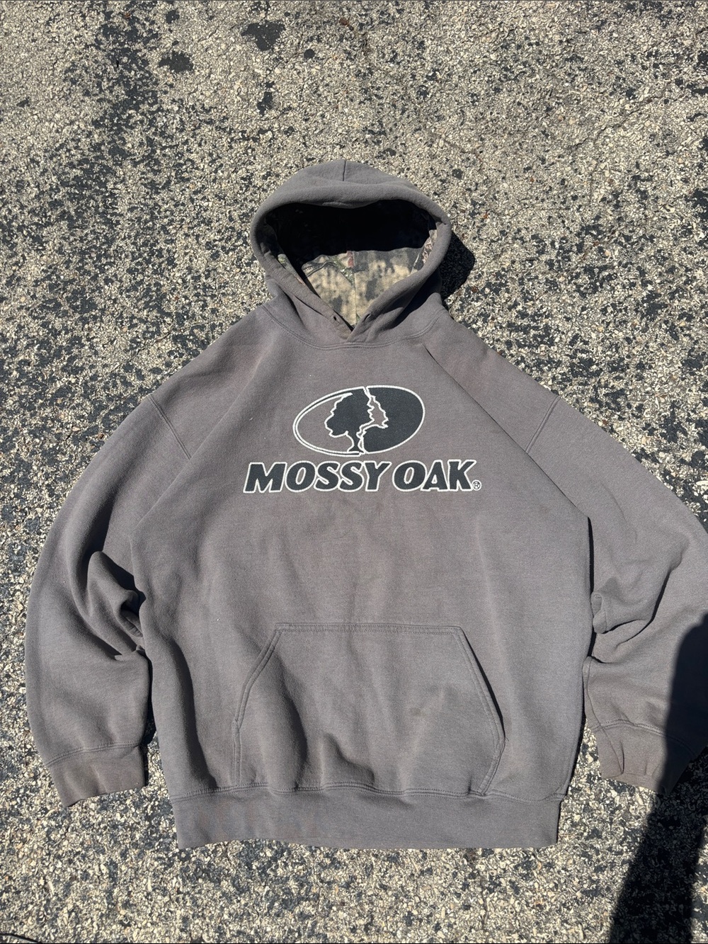 Vintage Mossy Oak Mens Large Gray Camo Lined Logo Pullover Hoodie
